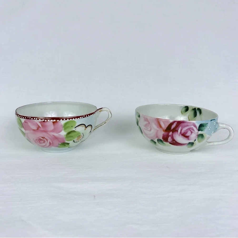 Vintage Japanese Hand Painted Floral Teacups Set of 2